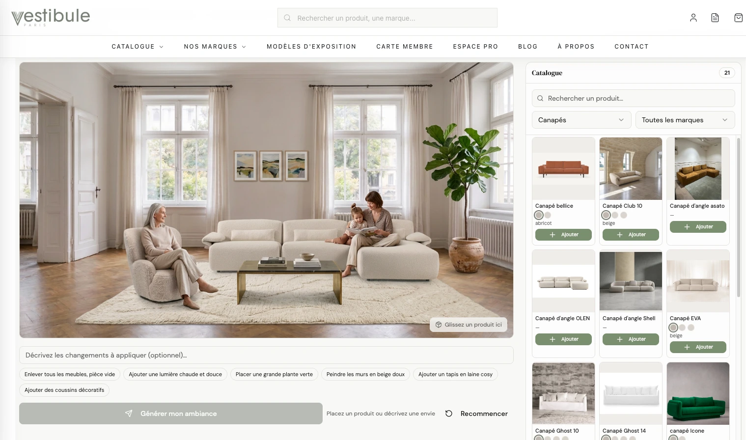 Le générateur d'aménagement IA Mobilia intégré à un site e-commerce de mobilier : une pièce aménagée par l'IA et le catalogue de la boutique à côté
